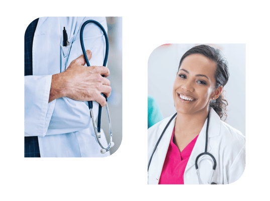 A hand with a stethoscope and a smiling medical professional.