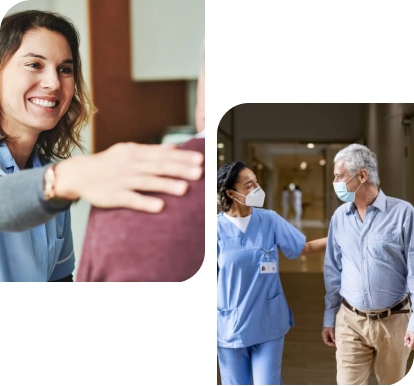 Female with hand on shoulder of another person and medical professional speaking to male both in masks in different settings Female with hand on shoulder of another person and medical professional speaking to male both in masks in different settings