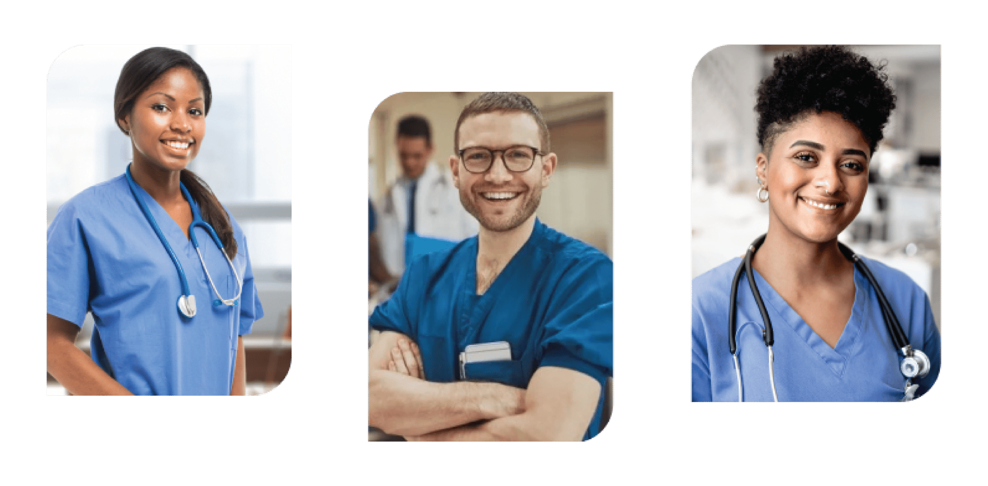 three medical professionals in different settings smiling