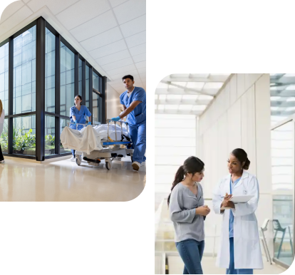 Two medical professionals pushing a gurney and in a different location a medical professional is talking to a female